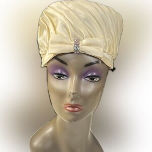 Vintage 50s/60s Cream Satin Turban Style Hat with Rhinestone Bow Accent